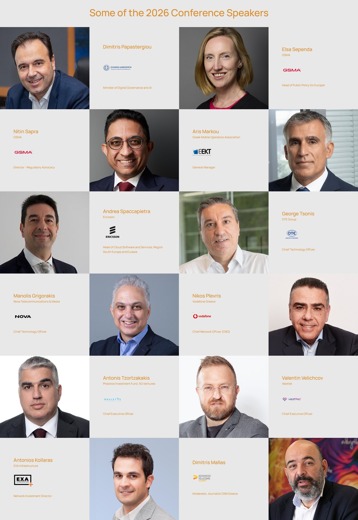 Ομιλητές Advanced Telecoms Summit 2026: Δημήτρης Παπαστεργίου (Υπουργός Ψηφιακής Διακυβέρνησης), Elsa Sependa και Nitin Sapra (GSMA), Άρης Μάρκου (ΕΕΚΤ), Γιώργος Τσώνης (OTE Group), Μανώλης Γρηγοράκης (Nova), Νίκος Πλεύρης (Vodafone), Andrea Spaccapietra (Ericsson), Αντώνης Κολλάρας (EXA Infrastructure), Αντώνης Τζωρτζακάκης (5G Ventures), Valentin Velichcov (Vestitel)